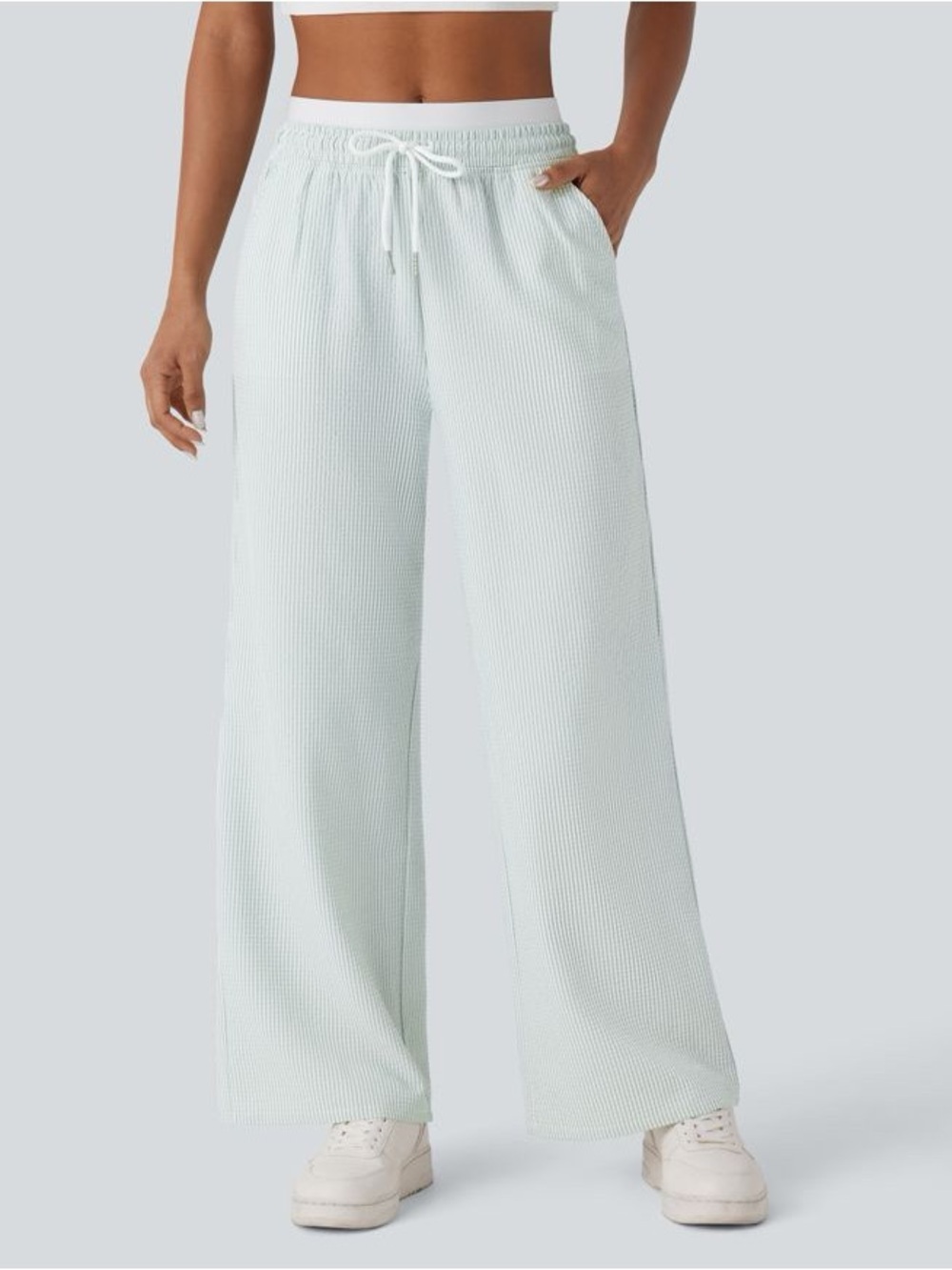 HALARA Mid Rise Double Layer Drawstring Mint Stripe Wide-Leg Ribbed Lounge Pants